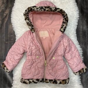 PISTACHIO GIRLS LIGHT PINK HEART QUILTED LEOPARD FAUX TRIM PUFFER JACKET Y2K